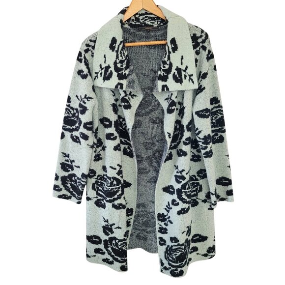MaxSport Floral Long Cardigan Sweater Coat Duster Size M Mint Green Black Roses - Picture 4 of 9
